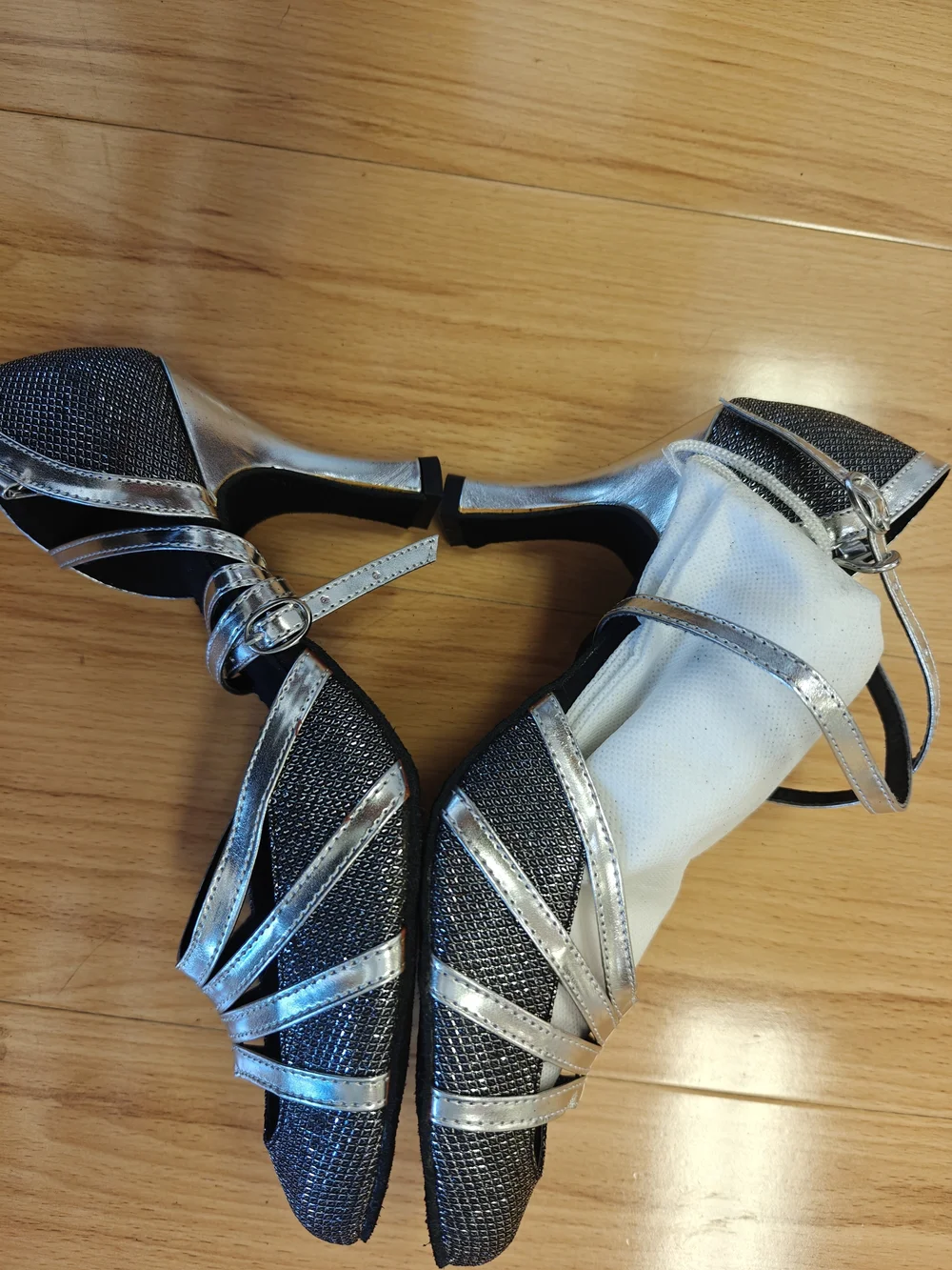 Women's Silver and Black Strappy Ballroom Heels